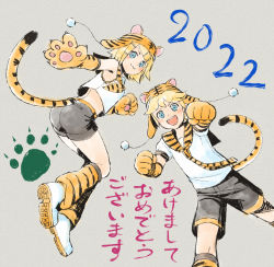 Rule 34 | 1boy, 1girl, 2022, :3, :d, akeome, animal hands, animal hat, blonde hair, blue eyes, chinese zodiac, fake tail, gloves, grey background, grimay, hair ornament, hairclip, happy new year, hat, kagamine len, kagamine rin, nengajou, new year, open mouth, paw gloves, paw print, sailor collar, shorts, sleeveless, smile, tail, tiger hat, tiger paws, tiger tail, v-shaped eyebrows, vocaloid, year of the tiger