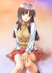 Rule 34 | 00s, 1girl, aran sweater, arm support, black hair, blunt bangs, cable knit, gad guard, green eyes, hand on own knee, hikabe sakuho, long hair, looking at viewer, open mouth, plaid, plaid skirt, shinozuka arashi, sitting, skirt, socks, sweater, sweater vest