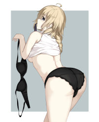 Rule 34 | 1girl, arched back, ass, black bra, black panties, blonde hair, blouse, blue eyes, bra, braid, braided ponytail, breasts, clothes lift, clothes removed through clothes, fate (series), from behind, highres, holding, holding bra, holding clothes, holding underwear, jeanne d&#039;arc (fate), jeanne d&#039;arc (ruler) (fate), long braid, looking at viewer, looking back, medium breasts, mouth hold, niii (memstapak), pale skin, panties, shirt, shirt lift, sideboob, single braid, sleeveless, sleeveless shirt, solo, underwear, unworn bra, white shirt