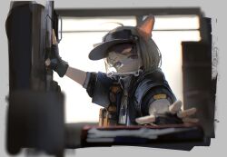 Rule 34 | 1girl, almond (arknights), animal ears, arknights, black gloves, blue eyes, blue jacket, cat ears, cat girl, fingerless gloves, gloves, grey hair, highres, indoors, jacket, kusami toka naku au, mouth hold, outstretched arm, reaching, reaching towards viewer, short hair, short sleeves, sidelocks, solo, upper body, vest, visor cap, whistle, whistle around neck, wrench