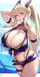 Rule 34 | 1girl, armlet, artoria pendragon (fate), artoria pendragon (lancer alter) (fate), bikini, black bikini, blue horns, blue sky, blush, breasts, cross, cross necklace, curvy, eyebrows, fate/grand order, fate (series), highres, hirasawa seiji, horns, huge breasts, jewelry, long hair, looking at viewer, mature female, navel, necklace, platinum blonde hair, ponytail, pool, poolside, signature, sky, summer, swimsuit, thighlet, thighs, water, water drop, yellow eyes