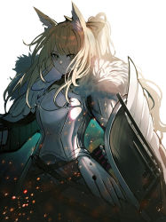 Rule 34 | 1girl, absurdres, animal ear fluff, animal ears, arknights, armor, backlighting, blemishine (arknights), blonde hair, capelet, echj, expressionless, highres, horse girl, looking at viewer, plate armor, shield, simple background, solo, white background, white capelet, yellow eyes