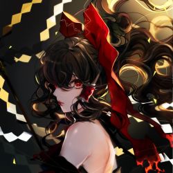 Rule 34 | 1girl, alternate costume, backlighting, bad id, bad twitter id, bare shoulders, black background, black hair, bow, daimaou ruaeru, eyelashes, floating hair, from side, gohei, gradient background, hair bow, hair over one eye, hair tubes, hakurei reimu, highres, lips, lipstick, long hair, makeup, red bow, red eyes, red lips, shide, solo, touhou, upper body, yellow background
