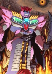 Rule 34 | 1990s (style), 1boy, artist request, beast wars, beast wars ii, blue eyes, cannon, full body, galvatron, glowing, holding, holding sword, holding weapon, looking at viewer, machine, machinery, male focus, mecha, lava, no humans, open mouth, outdoors, personification, predacon, retro artstyle, robot, solo, standing, sword, teeth, transformers, weapon