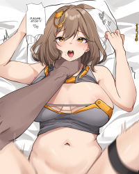 Rule 34 | 1boy, 1girl, absurdres, ahoge, anis (nikke), areola slip, bed sheet, blush, breasts, brown eyes, brown hair, commentary, crop top, goddess of victory: nikke, grey shirt, hair ornament, hands up, highres, implied sex, large breasts, lying, midriff, on back, open mouth, pillow, pinepin, pov, rape, shirt, short hair, solo focus, stomach, strangling, thigh strap