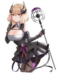 Rule 34 | 1girl, azur lane, black dress, black gloves, black pantyhose, blonde hair, blush, breasts, cleavage, commentary, cropped legs, dress, elbow gloves, gloves, grin, hair between eyes, hand up, headgear, heart, highres, holding, large breasts, layered dress, looking at viewer, multicolored hair, pantyhose, qing wu, red hair, roon (azur lane), roon (muse) (azur lane), short dress, short hair, simple background, sleeveless, sleeveless dress, smile, solo, standing, streaked hair, thighs, white background, yellow eyes