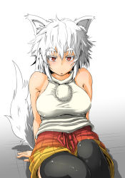 Rule 34 | 1girl, animal ears, bare shoulders, black thighhighs, breasts, inubashiri momiji, large breasts, looking at viewer, no headwear, nokishita kumoemon, pom pom (clothes), red eyes, short hair, silver hair, simple background, sitting, solo, tail, thighhighs, touhou, white background, wolf ears, wolf tail