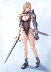 Rule 34 | 1girl, armor, armored boots, armpit crease, bare legs, blonde hair, boots, breasts, brown leotard, cleavage, closed mouth, covered navel, full body, gauntlets, green eyes, highleg, highleg leotard, highres, holding, holding sword, holding weapon, large breasts, leotard, long hair, looking at viewer, original, revealing clothes, see-through, shouhei, shoulder armor, sidelocks, single gauntlet, solo, standing, sword, thighs, warrior, weapon, white background
