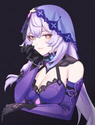 Rule 34 | 1girl, bangle, bare shoulders, black background, black gloves, black swan (honkai: star rail), bracelet, breasts, cleavage, commentary request, elbow gloves, gloves, hal aluha, highres, honkai: star rail, honkai (series), jewelry, large breasts, long hair, looking at viewer, purple hair, simple background, solo, upper body, veil, very long hair, yellow eyes
