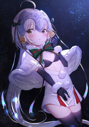 Rule 34 | 1girl, absurdres, ahoge, bell, black bra, black gloves, blush, bow, bra, commentary request, elbow gloves, fate/grand order, fate (series), fur trim, gloves, green bow, headpiece, highres, jeanne d&#039;arc (fate), jeanne d&#039;arc alter santa lily (fate), long hair, looking at viewer, night, night sky, ribbon, sky, thighhighs, underwear, very long hair, xue lu, yellow eyes