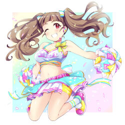 Rule 34 | 1girl, bare shoulders, belt, blue bow, blunt bangs, blush, bow, breasts, brown hair, cheerleader, cleavage, collarbone, confetti, crop top, cropped shirt, dot nose, dress bow, full body, gradient background, grid background, grin, hair bow, hair ribbon, headset, highres, holding, holding pom poms, idolmaster, idolmaster cinderella girls, idolmaster cinderella girls starlight stage, kamiya nao, kneeling, long hair, looking at viewer, medium breasts, midriff, mizushima aru, multicolored background, multicolored footwear, multicolored ribbon, multicolored shirt, navel, official alternate costume, official alternate hairstyle, one eye closed, outstretched arms, pink belt, pleated skirt, pom pom (cheerleading), pom poms, print shirt, red eyes, ribbon, shirt, shoes, shorts, shorts under skirt, side slit, skirt, sleeveless, sleeveless shirt, smile, socks, solo, thick eyebrows, white skirt, white socks, yellow shorts