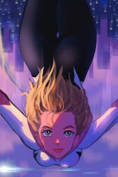 Rule 34 | ass, blonde hair, blue eyes, city, falling, gwen stacy, highres, jumping, marvel, smile, spider-gwen, spider-man: across the spider-verse, spider-man (series), spider-verse, tagme, upside-down