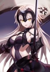 Rule 34 | 1girl, absurdres, armor, armored dress, bare back, bare shoulders, breasts, chain, cleavage, cowboy shot, elbow gloves, fate/grand order, fate (series), flag, gauntlets, gloves, headpiece, highres, jeanne d&#039;arc (fate), jeanne d&#039;arc alter (avenger) (fate), jeanne d&#039;arc alter (avenger) (third ascension) (fate), jeanne d&#039;arc alter (fate), large breasts, long hair, looking at viewer, open mouth, parted lips, platinum blonde hair, solo, standard bearer, sword, weapon, yellow eyes, yoru (yowuyoru)