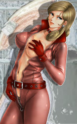 Rule 34 | 1girl, angel (big o), belt, blonde hair, bodysuit, breast hold, breasts, choker, cleavage, collar, collarbone, cowboy shot, earrings, gloves, highres, jewelry, lipstick, long hair, looking at viewer, makeup, no bra, one breast out, panties, solo, standing, the big o, toten (der fuhrer), underwear, unzipped, unzipped bodysuit, zipper