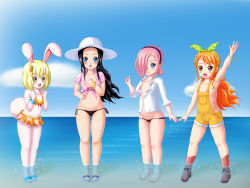 Rule 34 | 4girls, :3, :d, animal ears, arm up, armpits, arms up, bikini, bikini bottom only, black hair, blonde hair, blue eyes, blush, boots, bracelet, breasts, rabbit ears, rabbit tail, carrot (one piece), carrot hair ornament, child, cloud, crop top, day, female focus, food-themed hair ornament, full body, hair ornament, hair over one eye, hair ribbon, hairband, hairclip, hand on own chest, hand up, hat, highres, jewelry, long hair, looking at viewer, multiple girls, nami (one piece), navel, neherion, nico robin, ocean, one piece, open clothes, open mouth, open shirt, orange eyes, orange hair, outdoors, overall shorts, overalls, pearl bracelet, pink hair, rabbit girl, ribbon, sandals, shirt, shoes, short hair, sidelocks, sky, small breasts, smile, standing, sun hat, surprised arms, swimsuit, tail, thumbs up, vinsmoke reiju, wading, water, yellow eyes