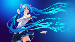 Rule 34 | 1girl, absurdres, aqua eyes, aqua hair, aqua necktie, arm up, assassinwarrior, bare shoulders, black skirt, black thighhighs, breasts, closed mouth, collared shirt, cowboy shot, detached sleeves, floating hair, glowing, grey background, hatsune miku, hatsune miku (vocaloid4), headphones, highres, long hair, long sleeves, looking to the side, necktie, number tattoo, photoshop (medium), pinakes, pleated skirt, shirt, sideboob, simple background, skirt, sleeveless, sleeveless shirt, small breasts, smile, solo, standing, tattoo, thighhighs, third-party edit, very long hair, vocaloid, white shirt, wing collar, zettai ryouiki