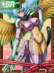Rule 34 | 1girl, armor, breasts, digimon, digimon (creature), digimon collectors, female focus, head wings, large breasts, mask, navel, official art, short hair, shutumon, solo, wings