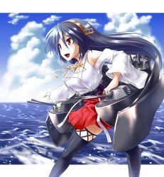Rule 34 | 10s, 1girl, absurdres, akudato, bare shoulders, black hair, black thighhighs, breasts, detached sleeves, hair ornament, hairband, hairclip, haruna (kancolle), headgear, highres, japanese clothes, kantai collection, long hair, nontraditional miko, open mouth, red eyes, ribbon-trimmed sleeves, ribbon trim, solo, thighhighs, turret