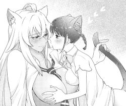Rule 34 | 2girls, animal ears, bits (damoshi), blonde hair, blush, braid, breasts, breasts out, cat ears, cat hair ornament, cat tail, clothing aside, couple, greyscale, gyaru, hair ornament, large breasts, long hair, loose necktie, monochrome, multiple girls, necktie, nipples, no bra, puffy nipples, red hair, shikishima mirei, short twintails, tail, tokonome mamori, twin braids, twintails, valkyrie drive, valkyrie drive -mermaid-, yuri