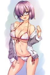 Rule 34 | 1girl, bare arms, bare shoulders, bikini, black-framed eyewear, blush, breasts, cameltoe, cleavage, collarbone, commentary request, cowboy shot, eyes visible through hair, fate/grand order, fate (series), front-tie top, glasses, gluteal fold, grey jacket, hair over one eye, highres, jacket, large breasts, light purple hair, long sleeves, looking at viewer, mash kyrielight, mash kyrielight (swimsuit of perpetual summer), navel, official alternate costume, open mouth, semi-rimless eyewear, shirokuma a, side-tie bikini bottom, sideboob, solo, stomach, swimsuit, thighs, underboob, white bikini