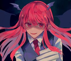 Rule 34 | 1girl, book, collared shirt, dark background, demon wings, evil smile, hair between eyes, head wings, highres, holding, holding book, koakuma, looking to the side, necktie, nemari (nemaru 0907), one-hour drawing challenge, partially shaded face, pink eyes, pink hair, pointy ears, portrait, red necktie, shirt, sketch, smile, solo, sweater vest, touhou, wings