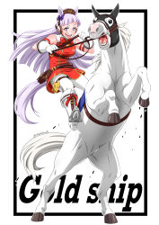 Rule 34 | 1girl, 1other, absurdres, armband, bare shoulders, black border, blunt bangs, boots, border, buttons, character name, creature and personification, double-breasted, english text, gloves, gold ship (racehorse), gold ship (umamusume), hachikou p, headgear, highres, holding, holding reins, hood, horse, horse girl, horse tail, horseback riding, knee boots, leather belt, light purple hair, long hair, name connection, outside border, pantyhose, pillbox hat, purple eyes, real life, rearing, reins, riding, saddle, scene reference, solo, stirrups (riding), tail, thigh strap, tongue, tongue out, umamusume, white footwear, white gloves, white pantyhose