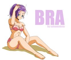 Rule 34 | 1girl, bra, bra (dragon ball), bra (dragon ball multiverse), breasts, character name, dragon ball, dragon ball multiverse, facing viewer, full body, highres, looking at viewer, lying, panties, purple hair, simple background, solo, tagme, underwear, underwear only, white background