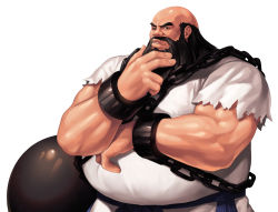 Rule 34 | 1boy, bald, ball and chain (weapon), beard, biceps, black eyes, chang koehan, stroking own chin, commentary request, cuffs, dobok, evilgun, facial hair, fat, fat man, fingernails, hand on own chin, hand up, highres, metal ball, lips, long sideburns, male focus, muscular, muscular male, mustache, parted lips, shackles, short sleeves, sideburns, simple background, solo, sweatdrop, teeth, the king of fighters, the king of fighters &#039;97, thick eyebrows, upper body, white background