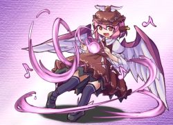 Rule 34 | 1girl, :d, animal ears, bird wings, black thighhighs, dress, earrings, energy ball, fun bo, hat, jewelry, mary janes, mob cap, musical note, mystia lorelei, open mouth, pink eyes, pink hair, shoes, short hair, slit pupils, smile, solo, thighhighs, touhou, wings