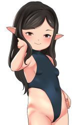 Rule 34 | 1girl, arulumaya, black hair, blush, breasts, brown eyes, character request, granblue fantasy, hand in own hair, harvin, highleg, highleg leotard, highres, leotard, long hair, looking at viewer, mokokusa, mole, mole under eye, partially visible vulva, pointy ears, simple background, small breasts, smile, solo, white background