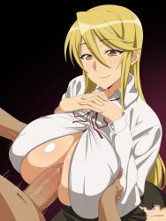 Rule 34 | 1girl, blonde hair, blush, breasts, censored, dark-skinned male, dark skin, gigantic breasts, grabbing, grabbing another&#039;s breast, highres, highschool of the dead, loliconder, long hair, looking away, marikawa shizuka, mosaic censoring, navel, no bra, open clothes, paizuri, penis, perpendicular paizuri, simple background, skirt, smile, torn clothes, unbuttoned, yellow eyes