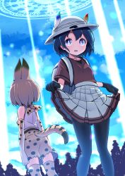 Rule 34 | 10s, 2girls, adapted costume, animal ears, backpack, bag, black gloves, black legwear, blonde hair, blue eyes, blue hair, bucket hat, commentary request, elbow gloves, gloves, hat, hat feather, highres, kaban (kemono friends), kemono friends, light beam, looking at viewer, looking away, multiple girls, pantyhose, parted lips, pleated skirt, print gloves, print legwear, print shorts, red shirt, serval (kemono friends), serval print, serval tail, shipii (jigglypuff), shirt, short hair, short sleeves, shorts, skirt, skirt hold, sleeveless, sleeveless shirt, tail, thighhighs, white hat, white shirt