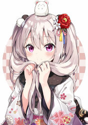 Rule 34 | 1girl, animal, animal on head, blush, checkered background, chinese zodiac, closed mouth, commentary request, floral print, flower, fur collar, hair between eyes, hair flower, hair ornament, holding, holding hair, japanese clothes, kimono, long hair, looking at viewer, mouse (animal), myuton, on head, original, print kimono, purple eyes, red flower, silver hair, smile, solo, twintails, upper body, white flower, white kimono, year of the rat