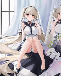 Rule 34 | 1girl, absurdly long hair, azur lane, bare legs, bare shoulders, black choker, black footwear, black neckerchief, black ribbon, black sailor collar, blush, breasts, chinese commentary, choker, commentary request, curtains, detached sleeves, dress, feather dress, flower, formidable (azur lane), formidable (timeless classics) (azur lane), full body, grey hair, highres, index finger raised, indoors, knees together feet apart, knees up, large breasts, long hair, looking at viewer, mirror, neckerchief, necktie, official alternate costume, plant, qing wu, red eyes, reflection, ribbon, rose, sailor collar, see-through, see-through sleeves, sidelocks, solo, taut clothes, taut dress, twintails, two-tone choker, two-tone dress, two-tone ribbon, veil, very long hair, white dress, white flower, white rose, window