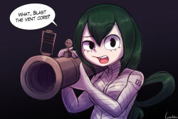 Rule 34 | 1girl, asui tsuyu, black background, bodysuit, boku no hero academia, breasts, commentary, english commentary, english text, green hair, hair between eyes, hair rings, holding, holding rocket launcher, holding weapon, large breasts, long hair, lumineko, marathon, open mouth, rocket launcher, signature, solo, speech bubble, teeth, upper body, upper teeth only, weapon, white bodysuit