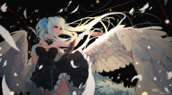 Rule 34 | 1girl, absurdres, angel wings, black background, black dress, blue eyes, breasts, choker, cleavage, cowboy shot, dress, feathered wings, feathers, floating hair, frilled dress, frills, garter straps, gloves, heterochromia, highres, kagura gumi, kagura mea, long hair, medium breasts, open mouth, orga (orgacl), red eyes, red ribbon, ribbon, short dress, silver hair, sleeveless, sleeveless dress, solo, standing, strapless, strapless dress, thighhighs, very long hair, virtual youtuber, white feathers, white gloves, white thighhighs, white wings, wings
