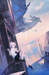 Rule 34 | 1girl, ahoge, black footwear, black skirt, breasts, building, chinese commentary, closed mouth, cloud, commentary, day, dragon, grey eyes, hand up, hands up, horizon, kneehighs, left mouse, leg up, looking away, monster, original, outdoors, paper airplane, pink sky, pleated skirt, scenery, school uniform, shirt, shoes, short hair, short sleeves, sitting, skirt, sky, small breasts, socks, solo, sun, sunlight, water, white hair, white shirt, white socks, wide shot
