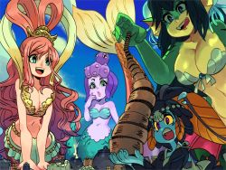 Rule 34 | 4girls, alex ahad, blue skin, blue sky, breasts, cala maria (cuphead), cleavage, colored skin, crossover, cuphead (game), female focus, giant, giantess, giga mermaid, green skin, hagoromo, licking lips, mermaid, minette (skullgirls), monster girl, multiple crossover, multiple girls, navel, one piece, open mouth, pink hair, purple hair, shantae (series), shawl, shirahoshi, skullgirls, sky, smile, tentacle hair, tongue, tongue out, trait connection, wavy hair