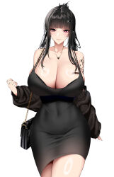 Rule 34 | 1girl, absurdres, barcode, barcode tattoo, bare shoulders, black dress, blush, breasts, chixiao, closed mouth, commentary request, cowboy shot, d (killer wife) (nikke), d (nikke), dress, goddess of victory: nikke, hair ornament, highres, huge breasts, jewelry, long hair, long sleeves, looking at viewer, necklace, off shoulder, official alternate costume, purple eyes, simple background, smile, solo, tattoo, thighs, white background