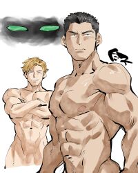 Rule 34 | 2boys, abs, ao isami, bara, black hair, blonde hair, blurry, bravern, completely nude, couple, crossed arms, depth of field, facial hair, highres, large pectorals, lewis smith, looking at viewer, male focus, multiple boys, muscular, muscular male, navel, nipples, nude, out-of-frame censoring, pectorals, shirako (kirupi), shredded muscles, sideburns stubble, stubble, thick eyebrows, v-taper, yaoi, yuuki bakuhatsu bang bravern