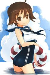 Rule 34 | 1girl, ass, bad id, bad pixiv id, brown eyes, brown hair, cosplay, creator connection, kantai collection, miyafuji yoshika, ro-500 (kancolle) (cosplay), ro-500 (kancolle), school swimsuit, short hair, smile, solo, strike witches, swimsuit, swimsuit under clothes, world witches series, yukinoko (mizubachi)