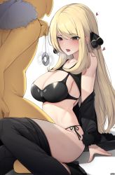Rule 34 | 1girl, bikini, bikini under clothes, black bikini, blonde hair, blush, breasts, cleavage, clothes lift, clothes pull, coin, creatures (company), cynthia (pokemon), ddangbi, drooling, game freak, gen 1 pokemon, grey eyes, hair ornament, heart, heart-shaped pupils, highres, holed coin, hypno, hypnosis, jacket, jacket partially removed, large breasts, long hair, looking at object, mind control, motion blur, nintendo, open mouth, pants, pants pull, partially undressed, pendulum, pokemon, pokemon (creature), pokemon dppt, pokephilia, saliva, shirt lift, sideboob, swimsuit, symbol-shaped pupils, tongue, very long hair