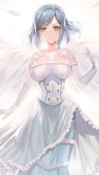 Rule 34 | 1girl, bangosu, breasts, closed mouth, dress, elbow gloves, feathered wings, gloves, highres, large breasts, long hair, looking at viewer, moira (nijisanji), nijisanji, smile, solo, two side up, virtual youtuber, white dress, white gloves, white wings, wings