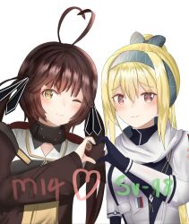 Rule 34 | 2girls, bad id, bad pixiv id, black ribbon, blonde hair, blue gloves, blush, bow, brown hair, brown jacket, character name, closed mouth, girls&#039; frontline, gloves, green bow, green hairband, hair bow, hair ribbon, hairband, heart, heart print, highres, jacket, long hair, looking at viewer, m14 (girls&#039; frontline), m14 (mod3) (girls&#039; frontline), multiple girls, open clothes, open jacket, ponytail, red eyes, ribbon, russian flag, ryn (rinorea), scarf, smile, sv-98 (girls&#039; frontline), sv-98 (mod3) (girls&#039; frontline), twintails, upper body, white background, white jacket, white scarf, yellow eyes