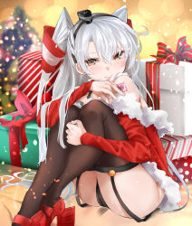 Rule 34 | 1girl, amatsukaze (kancolle), black panties, black thighhighs, blurry, blurry background, box, brown eyes, cameltoe, christmas tree, condom, dress, elbow gloves, fur-trimmed dress, fur-trimmed gloves, fur trim, garter straps, gift, gift box, gloves, hair between eyes, hair tubes, headgear, holding, holding condom, hugging own legs, kantai collection, legs folded, long hair, looking at viewer, naughty face, panties, red dress, red footwear, red gloves, rudder footwear, santa costume, silver hair, sitting, smile, thighhighs, tororo ten, two side up, underwear, very long hair