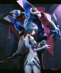 Rule 34 | 1girl, adjusting clothes, adjusting gloves, artist name, ass, ayanami rei, black border, blue hair, bodysuit, border, bracer, closed mouth, english text, eva 00, formal, gloves, hair between eyes, headgear, highres, holding, holding weapon, interface headset, light, looking at viewer, looking back, mecha, neon genesis evangelion, ozkh, pilot suit, plugsuit, red eyes, robot, signature, skin tight, solo, standing, suit, weapon, white bodysuit