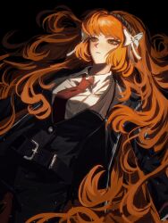 1girl belt black_background black_suit black_vest bow breasts brown_hairband closed_mouth collared_shirt fanmaiji1101 formal freckles green_eyes hair_bow hairband highres ishmael_(project_moon) jacket limbus_company long_hair long_sleeves lying medium_breasts necktie on_back orange_hair project_moon red_necktie shirt simple_background solo suit uniform very_long_hair vest white_bow white_shirt