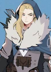 Rule 34 | 1boy, animification, blonde hair, blue background, blue cloak, blue eyes, brown eyes, cloak, fur trim, heterochromia, highres, hood, hood up, hyoon (sockgyu), looking to the side, male focus, pouch, solo, sova (valorant), valorant