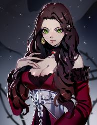 Rule 34 | 1girl, bare shoulders, breasts, brown hair, cleavage, closed eyes, closed mouth, datcravat, detached sleeves, dorothea arnault, dress, earrings, fire emblem, fire emblem: three houses, frills, gem, green eyes, hand on own chest, highres, jewelry, large breasts, long hair, looking at viewer, nintendo, red dress, wavy hair
