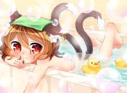Rule 34 | 1girl, :3, animal ears, bath, bathtub, brown eyes, brown hair, bubble, cat ears, cat tail, chen, closed mouth, commentary request, earrings, ibaraki natou, jewelry, multiple tails, nekomata, rubber duck, short hair, single earring, solo, tail, touhou, two tails